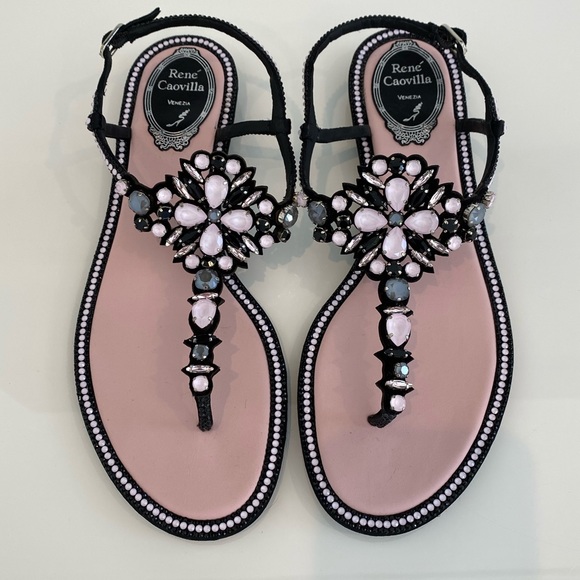 RENE CAOVILLA PINK BLACK EMBELLISHED SANDALS SIZE IT 38.5 / US 8.5 - Picture 9 of 17